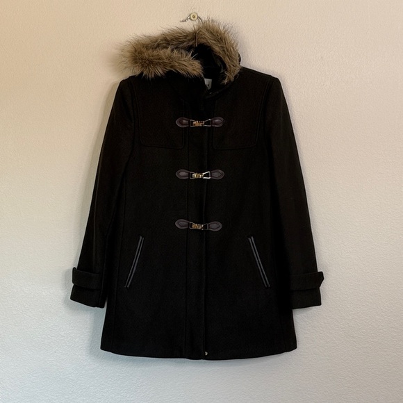 Cole Haan faux fur wool pea coat women’s 8 army green - Picture 1 of 8